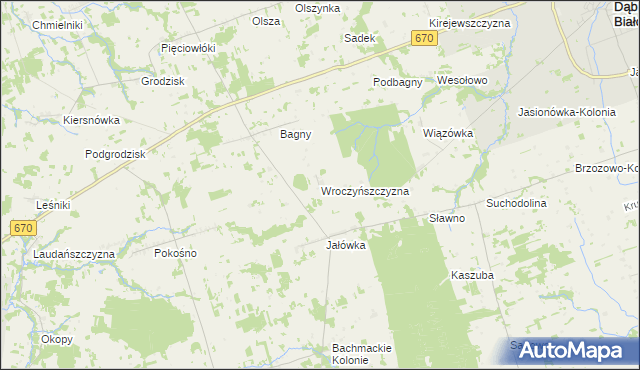 mapa Wroczyńszczyzna gmina Dąbrowa Białostocka, Wroczyńszczyzna gmina Dąbrowa Białostocka na mapie Targeo