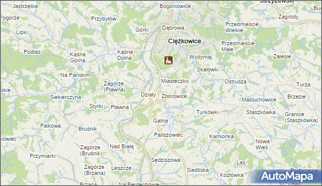mapa Zborowice gmina Ciężkowice, Zborowice gmina Ciężkowice na mapie Targeo