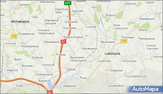 mapa Maciejowice gmina Kocmyrzów-Luborzyca, Maciejowice gmina Kocmyrzów-Luborzyca na mapie Targeo