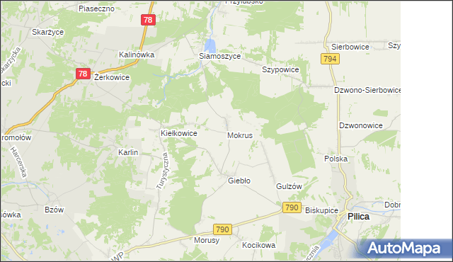 mapa Mokrus gmina Ogrodzieniec, Mokrus gmina Ogrodzieniec na mapie Targeo