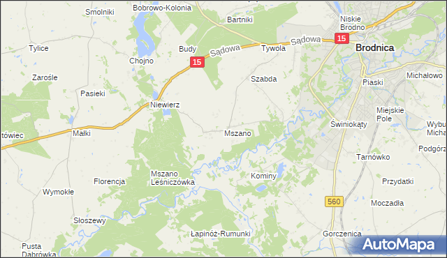 mapa Mszano gmina Brodnica, Mszano gmina Brodnica na mapie Targeo