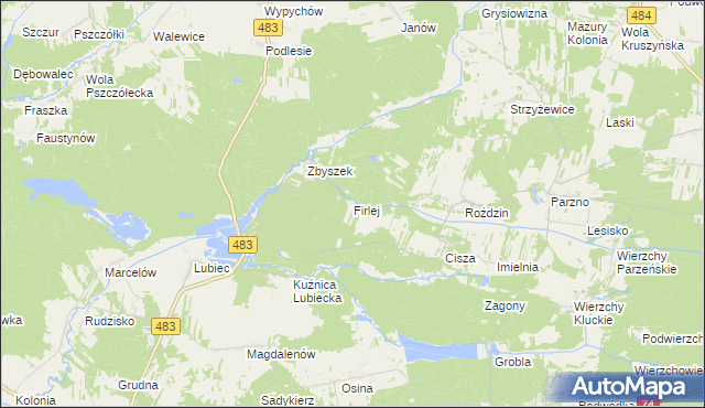 mapa Firlej gmina Szczerców, Firlej gmina Szczerców na mapie Targeo