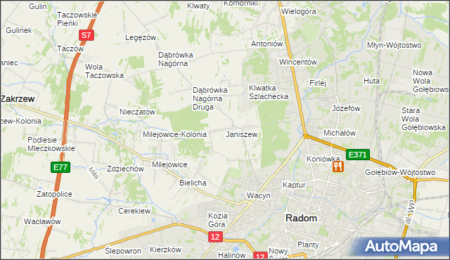 mapa Janiszew gmina Zakrzew, Janiszew gmina Zakrzew na mapie Targeo
