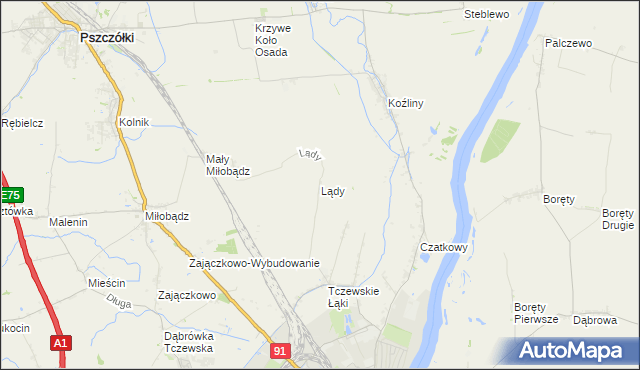 mapa Lądy gmina Tczew, Lądy gmina Tczew na mapie Targeo