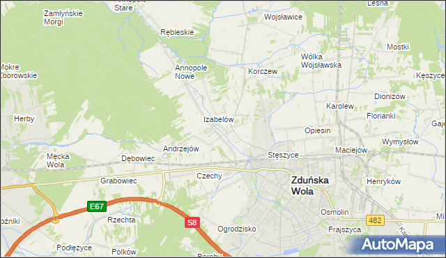 mapa Tymienice gmina Zduńska Wola, Tymienice gmina Zduńska Wola na mapie Targeo