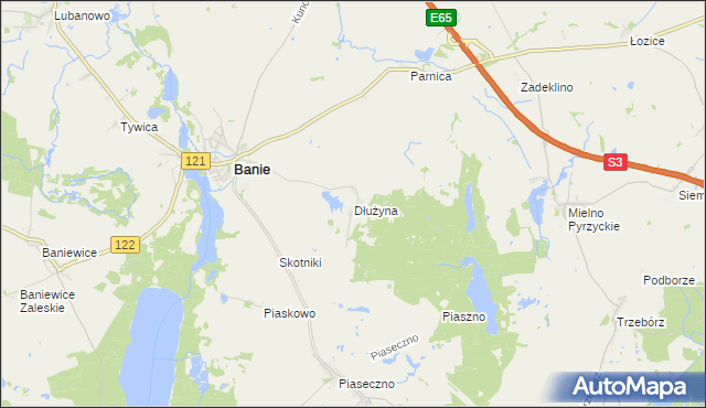 mapa Dłużyna gmina Banie, Dłużyna gmina Banie na mapie Targeo