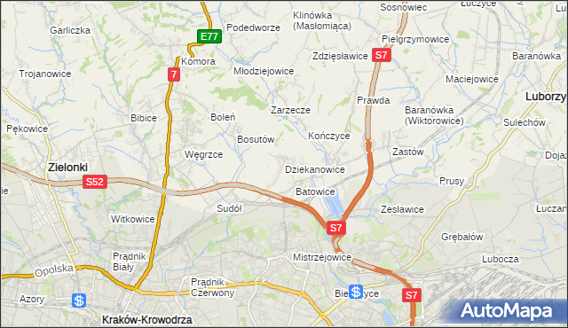 mapa Dziekanowice gmina Zielonki, Dziekanowice gmina Zielonki na mapie Targeo