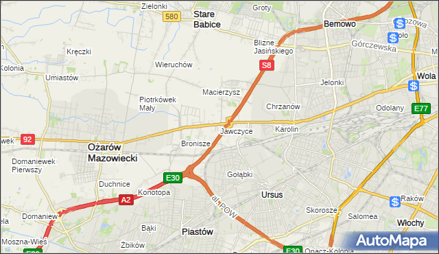 mapa Jawczyce gmina Ożarów Mazowiecki, Jawczyce gmina Ożarów Mazowiecki na mapie Targeo