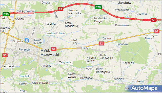 mapa Osiny gmina Mińsk Mazowiecki, Osiny gmina Mińsk Mazowiecki na mapie Targeo