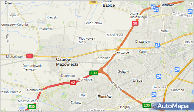 mapa Bronisze gmina Ożarów Mazowiecki, Bronisze gmina Ożarów Mazowiecki na mapie Targeo