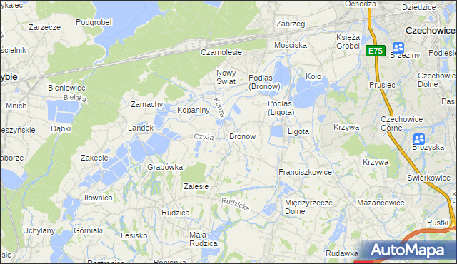 mapa Bronów gmina Czechowice-Dziedzice, Bronów gmina Czechowice-Dziedzice na mapie Targeo