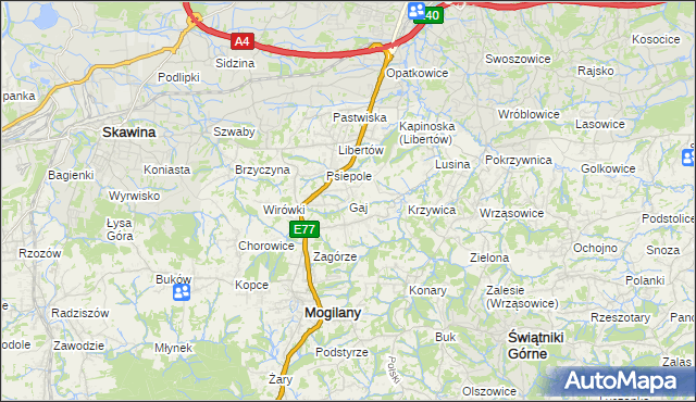 mapa Gaj gmina Mogilany, Gaj gmina Mogilany na mapie Targeo