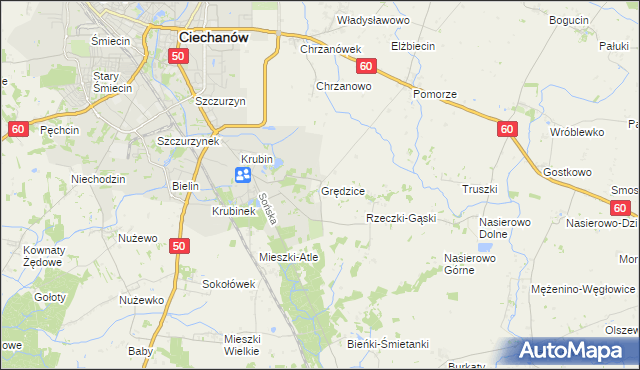 mapa Grędzice gmina Ciechanów, Grędzice gmina Ciechanów na mapie Targeo