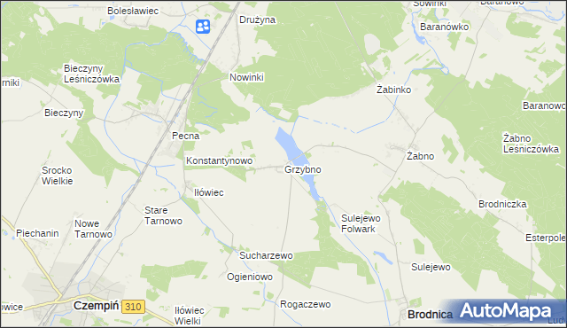 mapa Grzybno gmina Brodnica, Grzybno gmina Brodnica na mapie Targeo