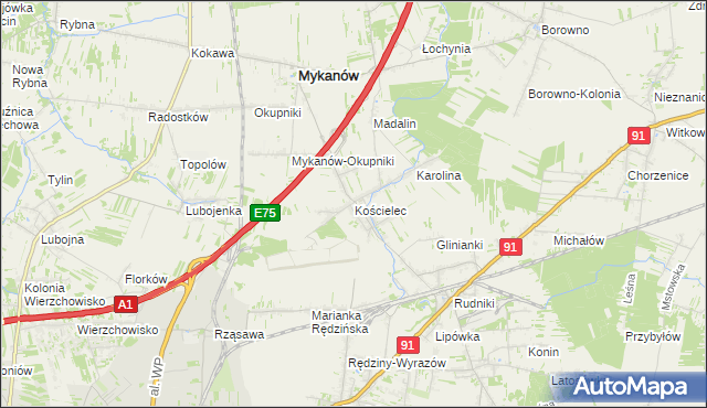 mapa Kościelec gmina Rędziny, Kościelec gmina Rędziny na mapie Targeo