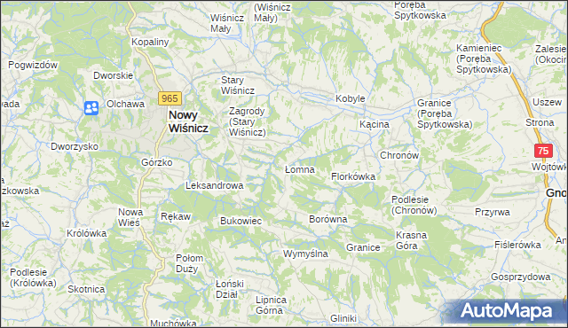 mapa Łomna gmina Nowy Wiśnicz, Łomna gmina Nowy Wiśnicz na mapie Targeo