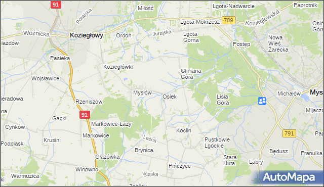 mapa Osiek gmina Koziegłowy, Osiek gmina Koziegłowy na mapie Targeo