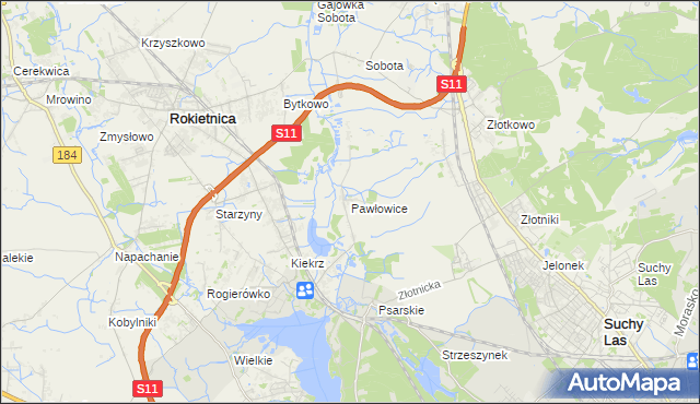 mapa Pawłowice gmina Rokietnica, Pawłowice gmina Rokietnica na mapie Targeo