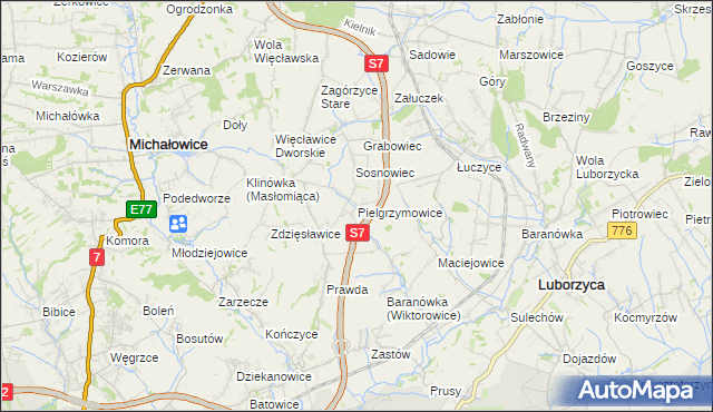 mapa Pielgrzymowice gmina Michałowice, Pielgrzymowice gmina Michałowice na mapie Targeo