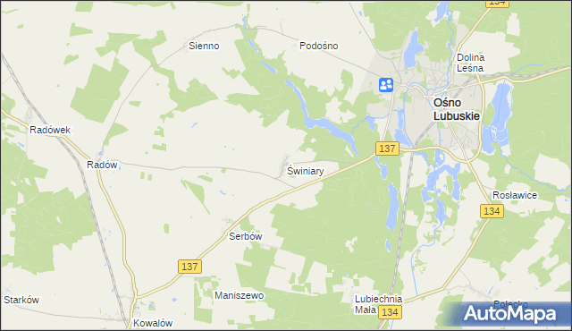 mapa Świniary gmina Ośno Lubuskie, Świniary gmina Ośno Lubuskie na mapie Targeo