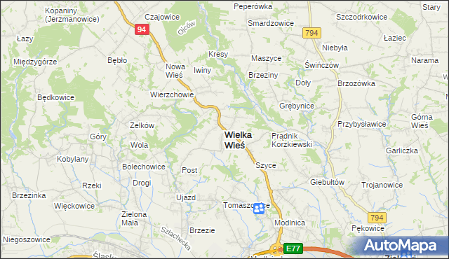 mapa Wielka Wieś powiat krakowski, Wielka Wieś powiat krakowski na mapie Targeo