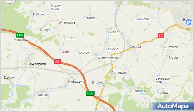 mapa Wierzchowice gmina Gaworzyce, Wierzchowice gmina Gaworzyce na mapie Targeo