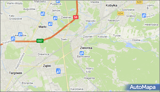 mapa Zielonka powiat wołomiński, Zielonka powiat wołomiński na mapie Targeo