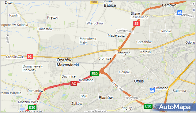 mapa Bronisze gmina Ożarów Mazowiecki, Bronisze gmina Ożarów Mazowiecki na mapie Targeo