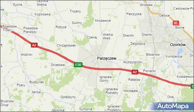 mapa Parzęczew powiat zgierski, Parzęczew powiat zgierski na mapie Targeo