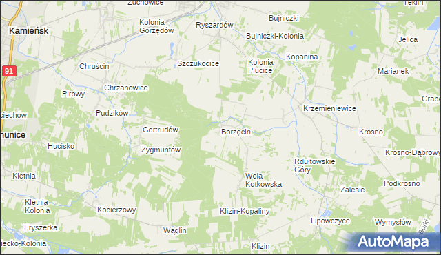 mapa Borzęcin gmina Gorzkowice, Borzęcin gmina Gorzkowice na mapie Targeo