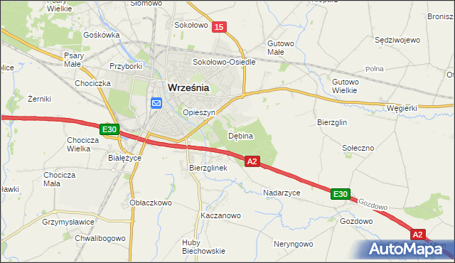 mapa Dębina gmina Września, Dębina gmina Września na mapie Targeo