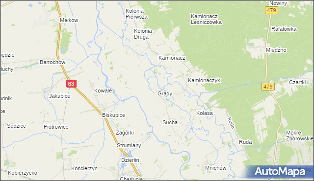 mapa Grądy gmina Sieradz, Grądy gmina Sieradz na mapie Targeo