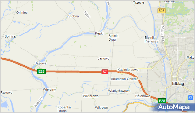mapa Janowo gmina Elbląg, Janowo gmina Elbląg na mapie Targeo