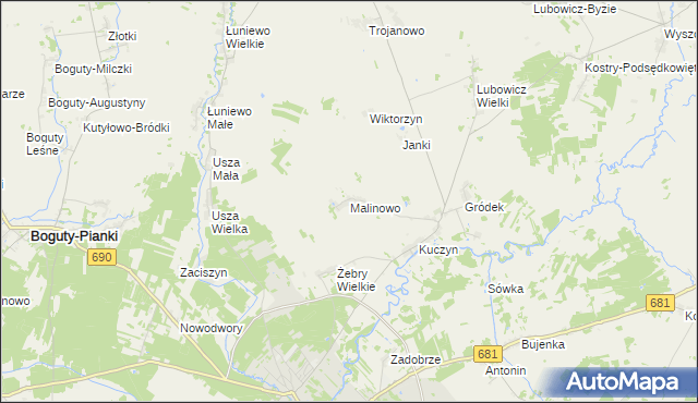 mapa Malinowo gmina Klukowo, Malinowo gmina Klukowo na mapie Targeo