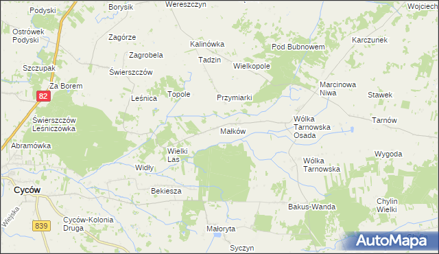 mapa Małków gmina Cyców, Małków gmina Cyców na mapie Targeo