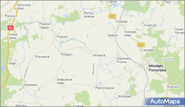 mapa Mirowice gmina Mikołajki Pomorskie, Mirowice gmina Mikołajki Pomorskie na mapie Targeo