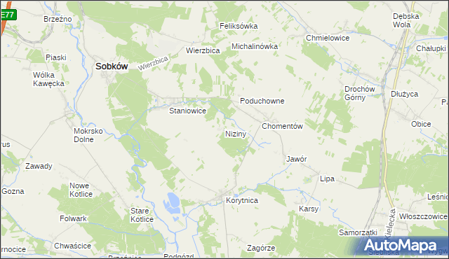mapa Niziny gmina Sobków, Niziny gmina Sobków na mapie Targeo