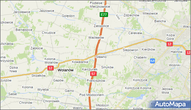 mapa Sławno gmina Wolanów, Sławno gmina Wolanów na mapie Targeo