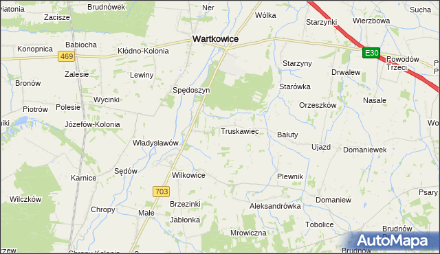 mapa Truskawiec gmina Wartkowice, Truskawiec gmina Wartkowice na mapie Targeo
