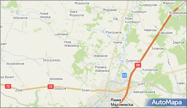 mapa Wałowice gmina Rawa Mazowiecka, Wałowice gmina Rawa Mazowiecka na mapie Targeo