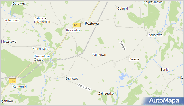 mapa Zakrzewo gmina Kozłowo, Zakrzewo gmina Kozłowo na mapie Targeo