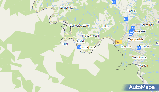 mapa Andrzejówka gmina Muszyna, Andrzejówka gmina Muszyna na mapie Targeo