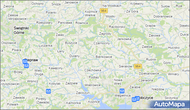 mapa Bieńkowice gmina Dobczyce, Bieńkowice gmina Dobczyce na mapie Targeo