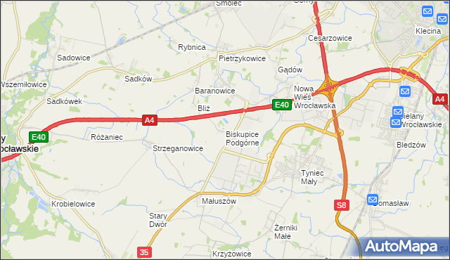 mapa Biskupice Podgórne, Biskupice Podgórne na mapie Targeo