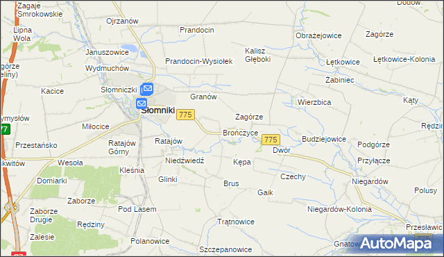 mapa Brończyce gmina Słomniki, Brończyce gmina Słomniki na mapie Targeo