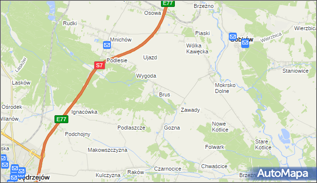 mapa Brus gmina Jędrzejów, Brus gmina Jędrzejów na mapie Targeo