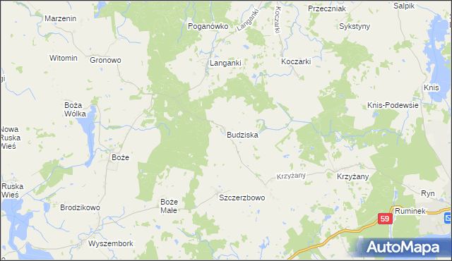 mapa Budziska gmina Mrągowo, Budziska gmina Mrągowo na mapie Targeo