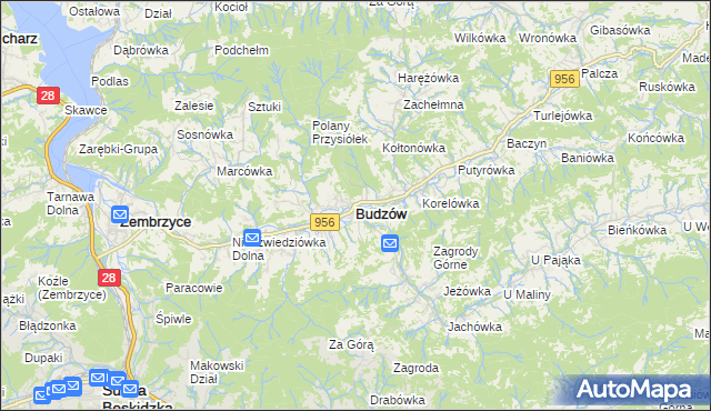 mapa Budzów powiat suski, Budzów powiat suski na mapie Targeo