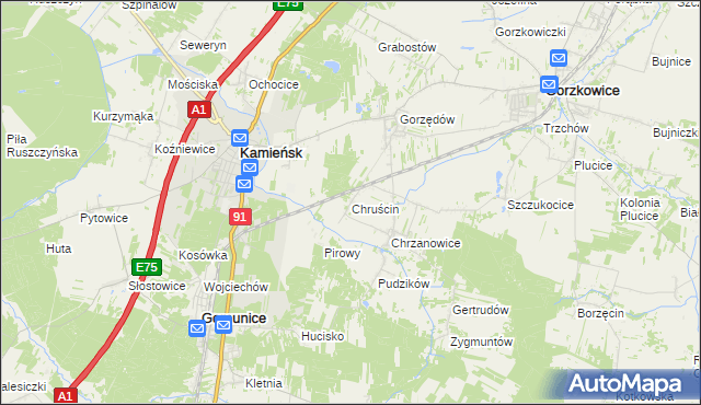 mapa Chruścin gmina Gomunice, Chruścin gmina Gomunice na mapie Targeo