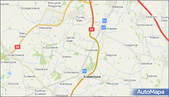 mapa Chrzanów gmina Kobierzyce, Chrzanów gmina Kobierzyce na mapie Targeo